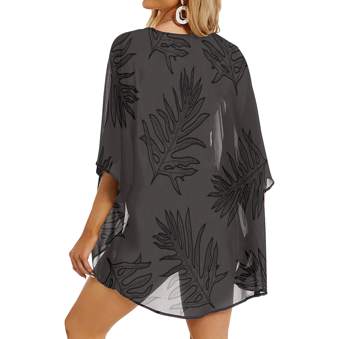 Laua'e Fern Hawaiian Print - Gray, Women's Kimono Chiffon Cover Up Women's Kimono Chiffon Cover Up