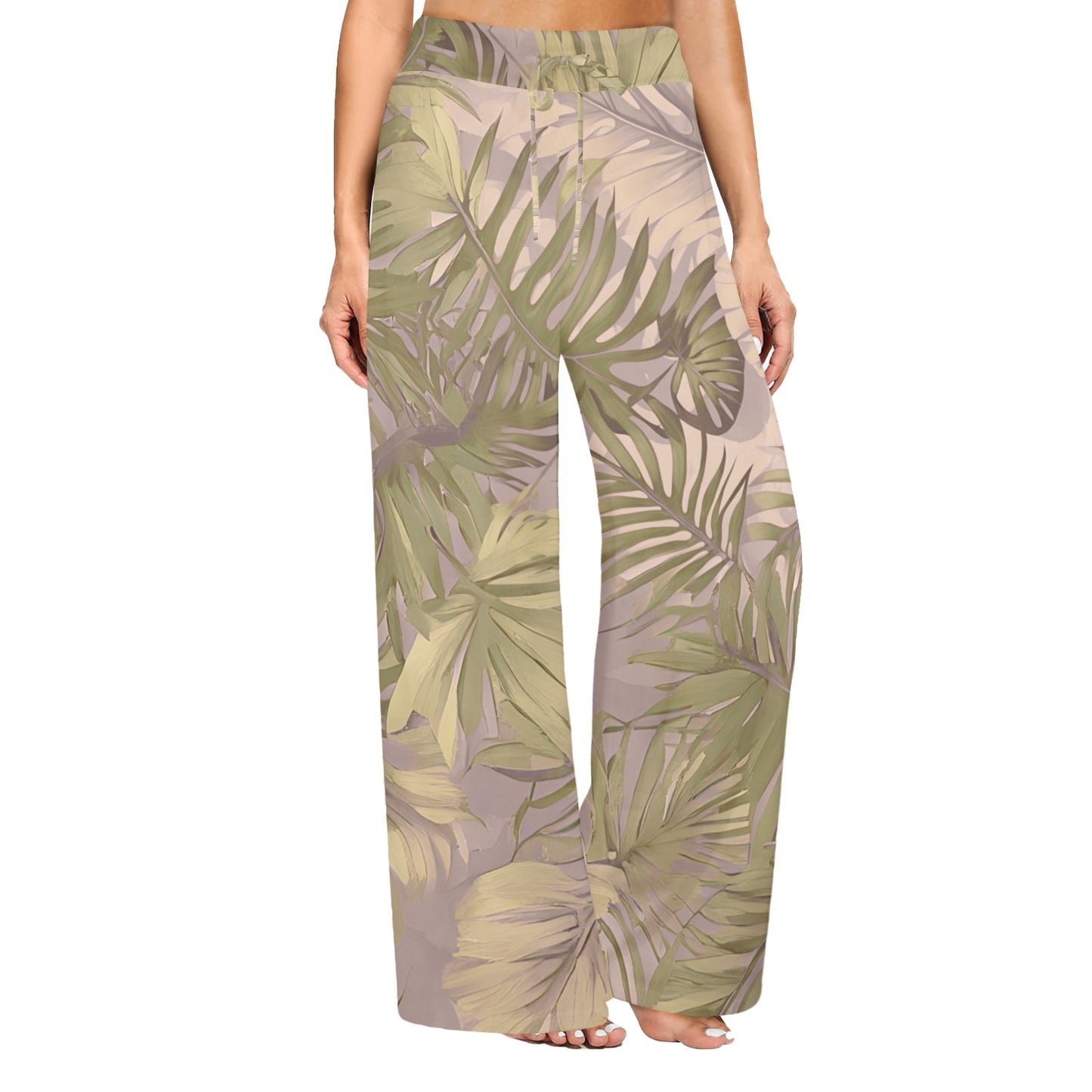 Hawaiian Tropical Print Wide Leg Palazzo Drawstring Pants - Soft Tones
