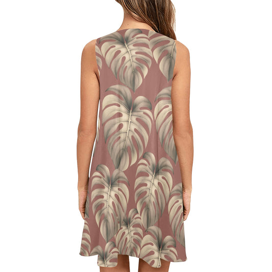 Monstera Mauve Sleeveless A Line Dress with Pockets