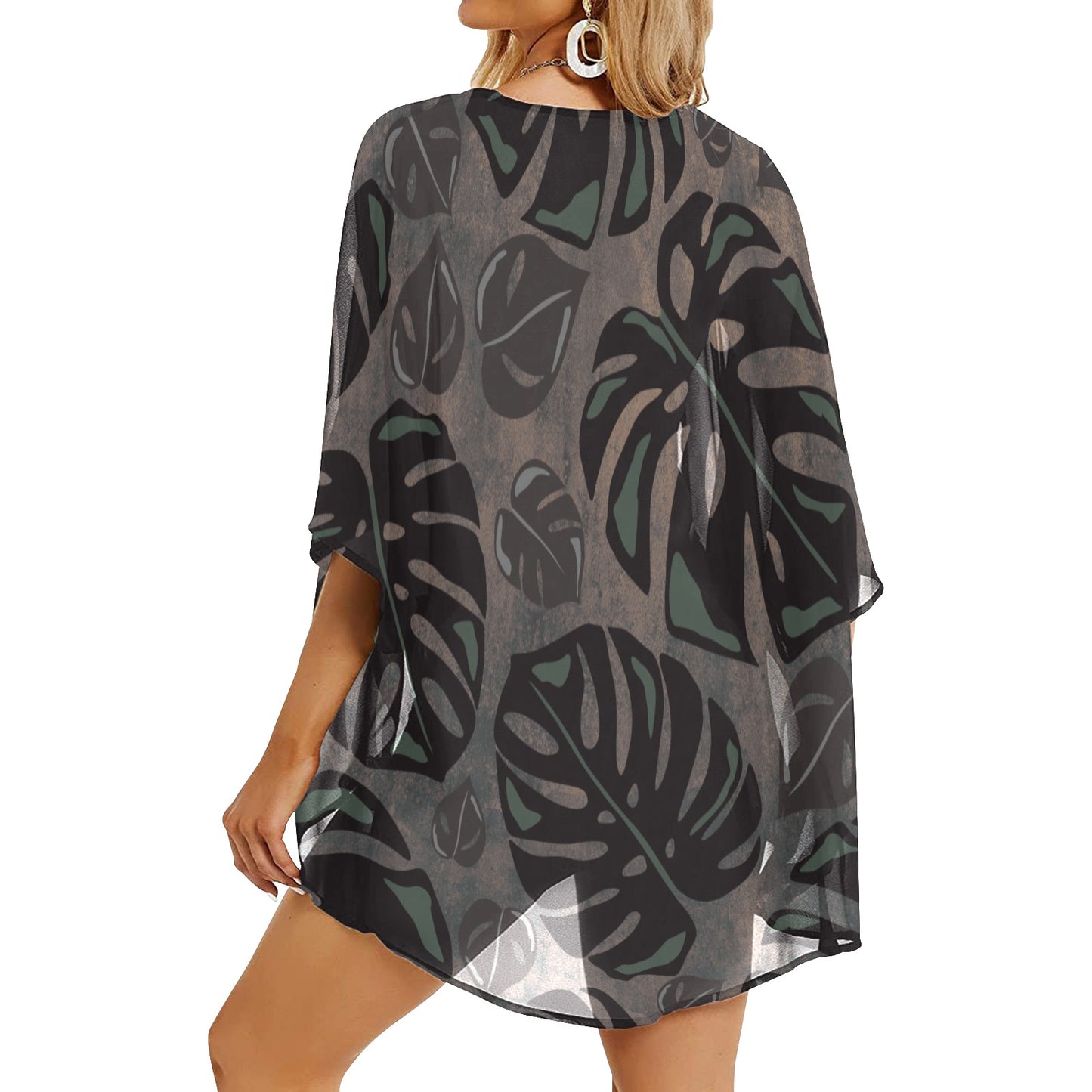 Monstera Neutral Watercolor Women's Kimono Chiffon Cover Up Women's Kimono Chiffon Cover Up