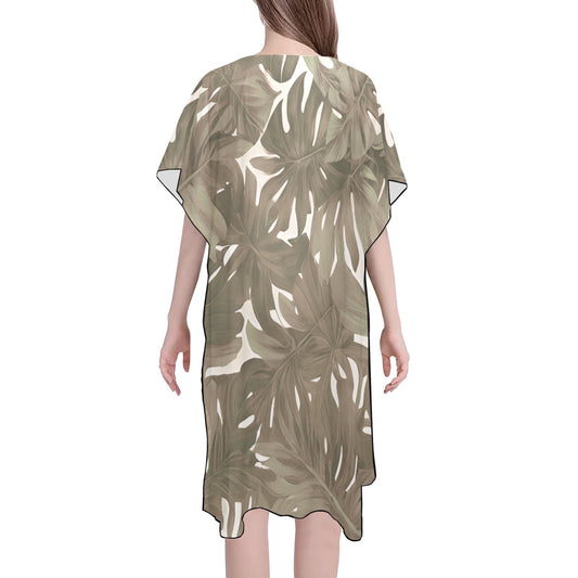 Monstera Tropical Hawaiian Print Mid Length Kimono Chiffon Cover Up - Neutral