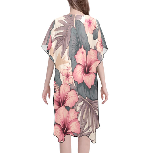 Hibiscus Hawaiian Print Mid Length Kimono Chiffon Cover Up with Side Slits