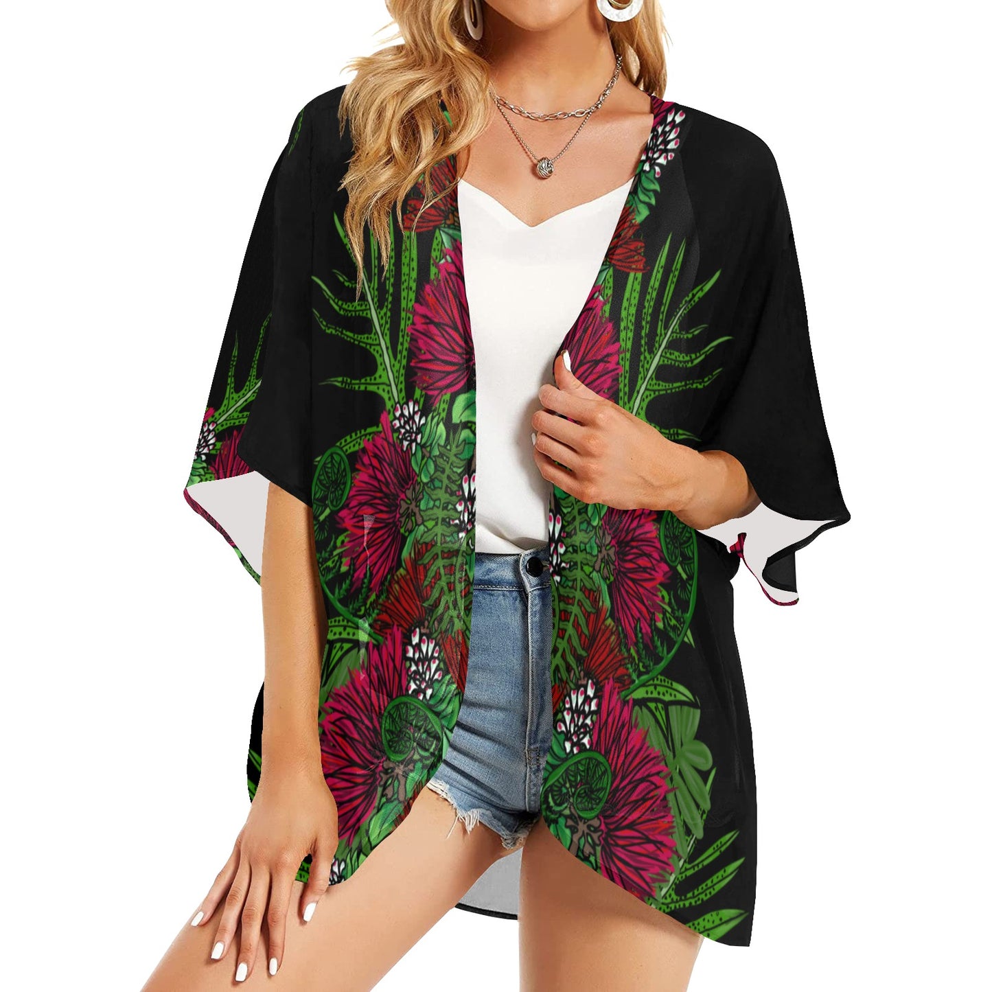 'Ohia Lehua and Hawaiian Fern Women's Kimono Chiffon Cover Up Women's Kimono Chiffon Cover Up