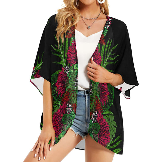 'Ohia Lehua and Hawaiian Fern Women's Kimono Chiffon Cover Up Women's Kimono Chiffon Cover Up