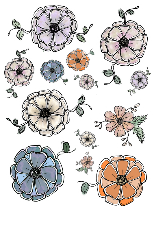 Flower Doodles, Hand-drawn Sticker Sheets