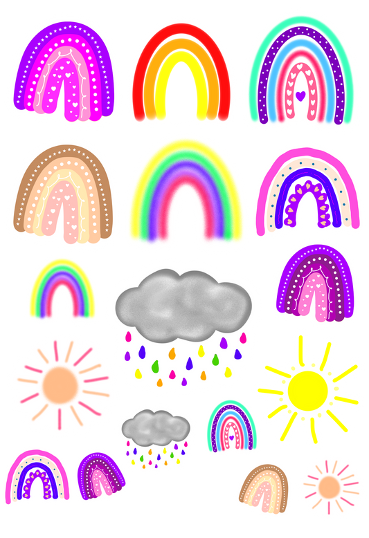 Rainbows, Clouds and Sunshine, Oh My! Hand-drawn Sticker Sheet
