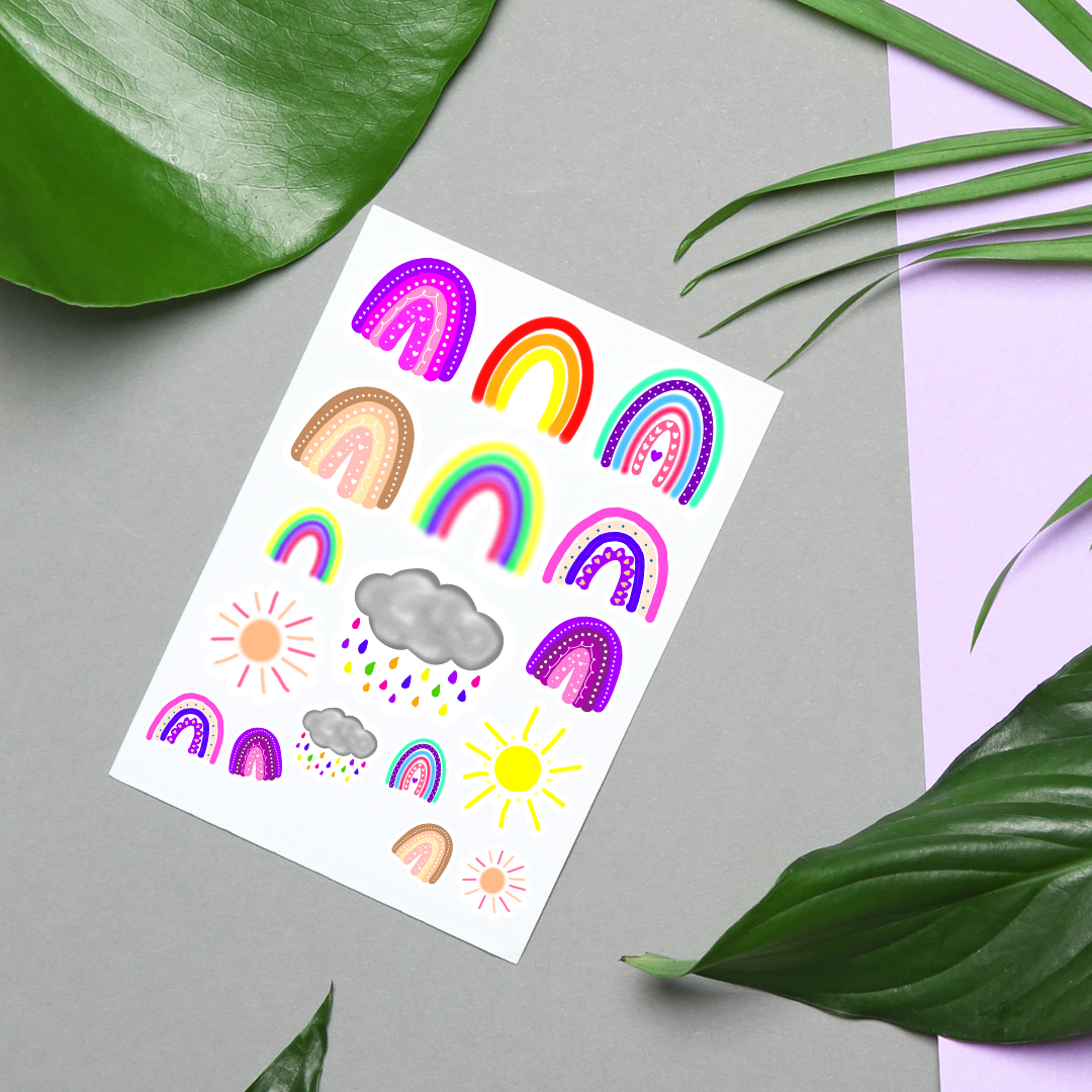 Rainbows, Clouds and Sunshine, Oh My! Hand-drawn Sticker Sheet
