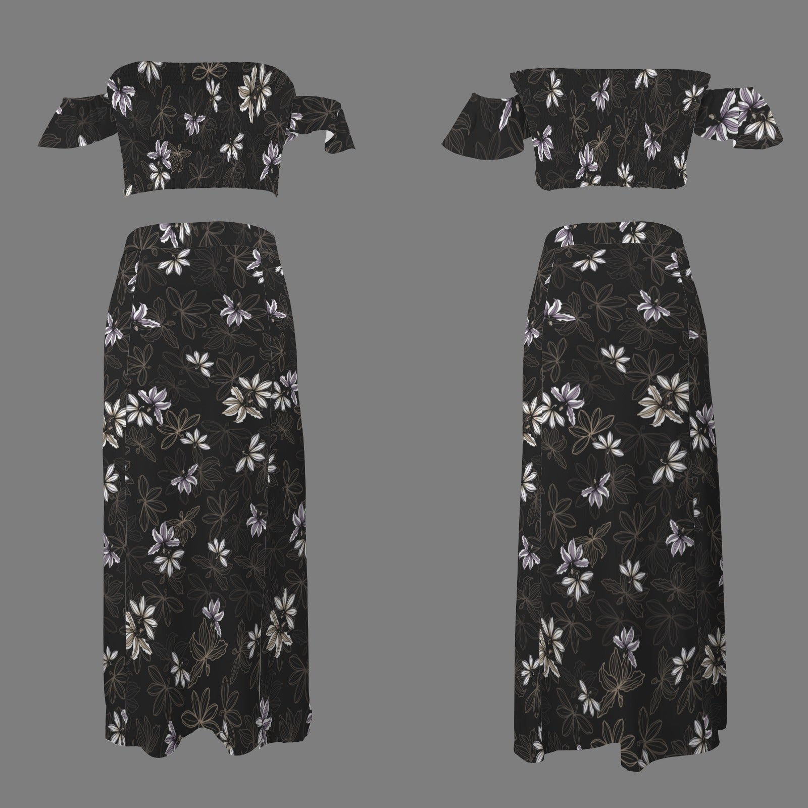 Malino Set in Naupaka (Off Shoulder Smocked Tube Top & High Waist Split Thigh Maxi Skirt) Black