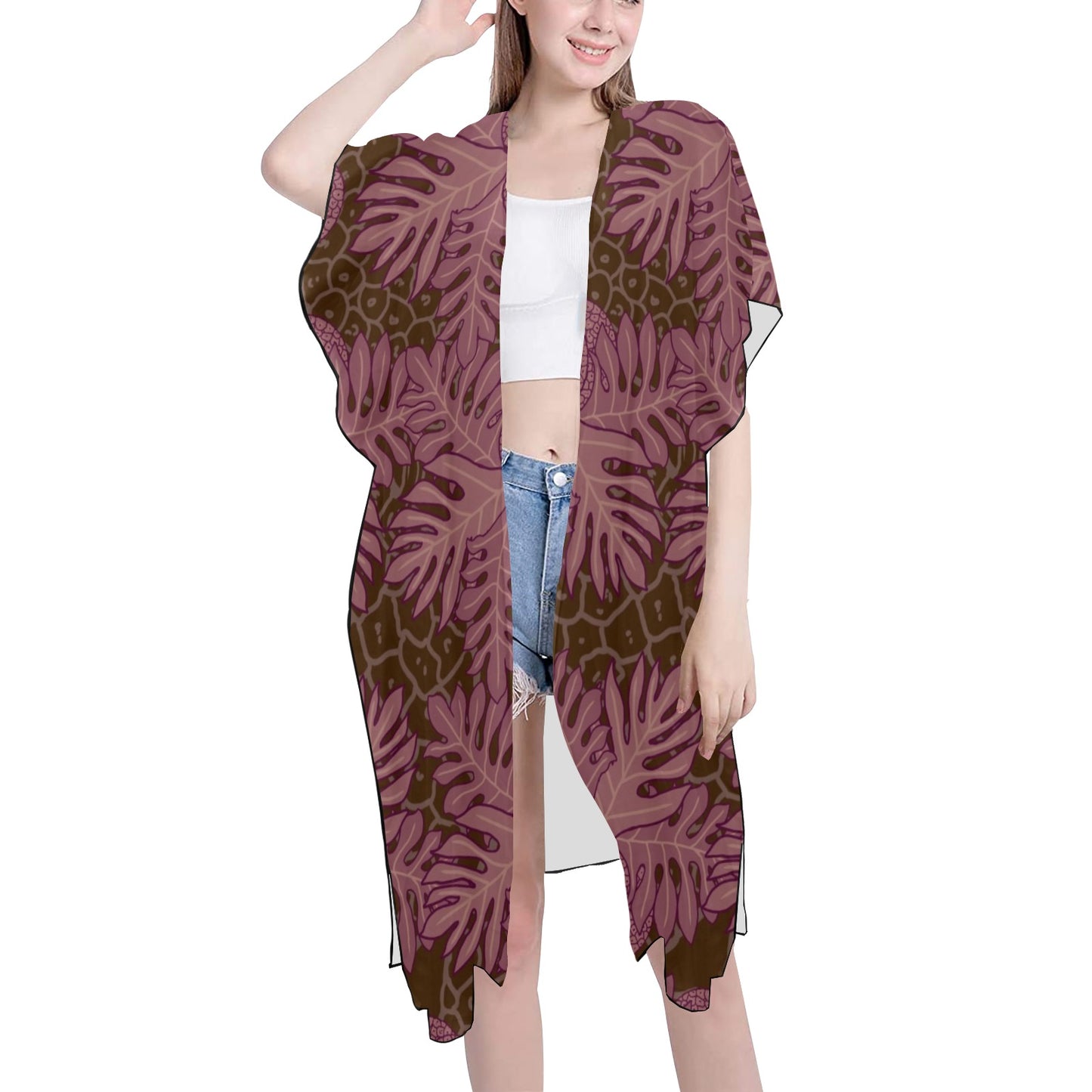 Ulu Breadfruit Hawaiian Print Mid Length Kimono Chiffon Cover Up - Pink, Brown & Red