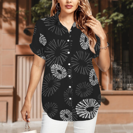 'Opihi Hawaiian Print Harmony Blouse, Women's Short Sleeve Button Down Shirt -  Black and Gray
