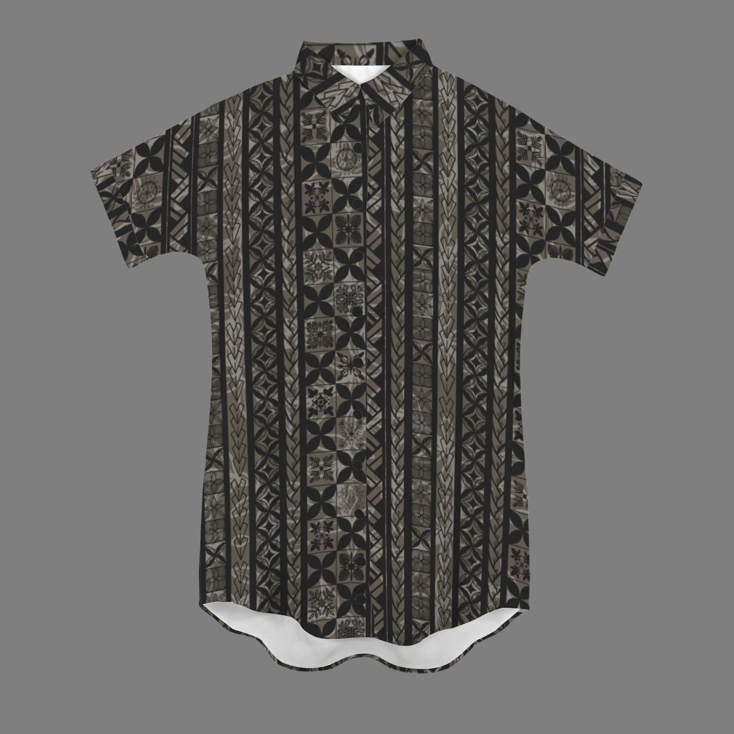 nani 2.0 shirt dress - hawaiian kapa kakau quilt dark gray and black small print