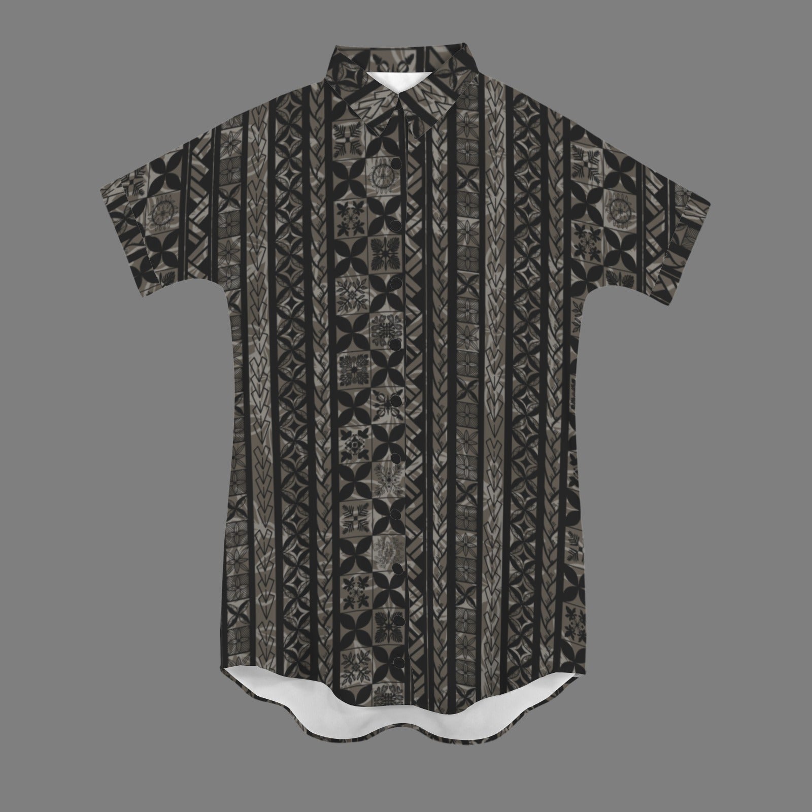 nani 2.0 shirt dress - hawaiian kapa kakau quilt dark gray and black small print