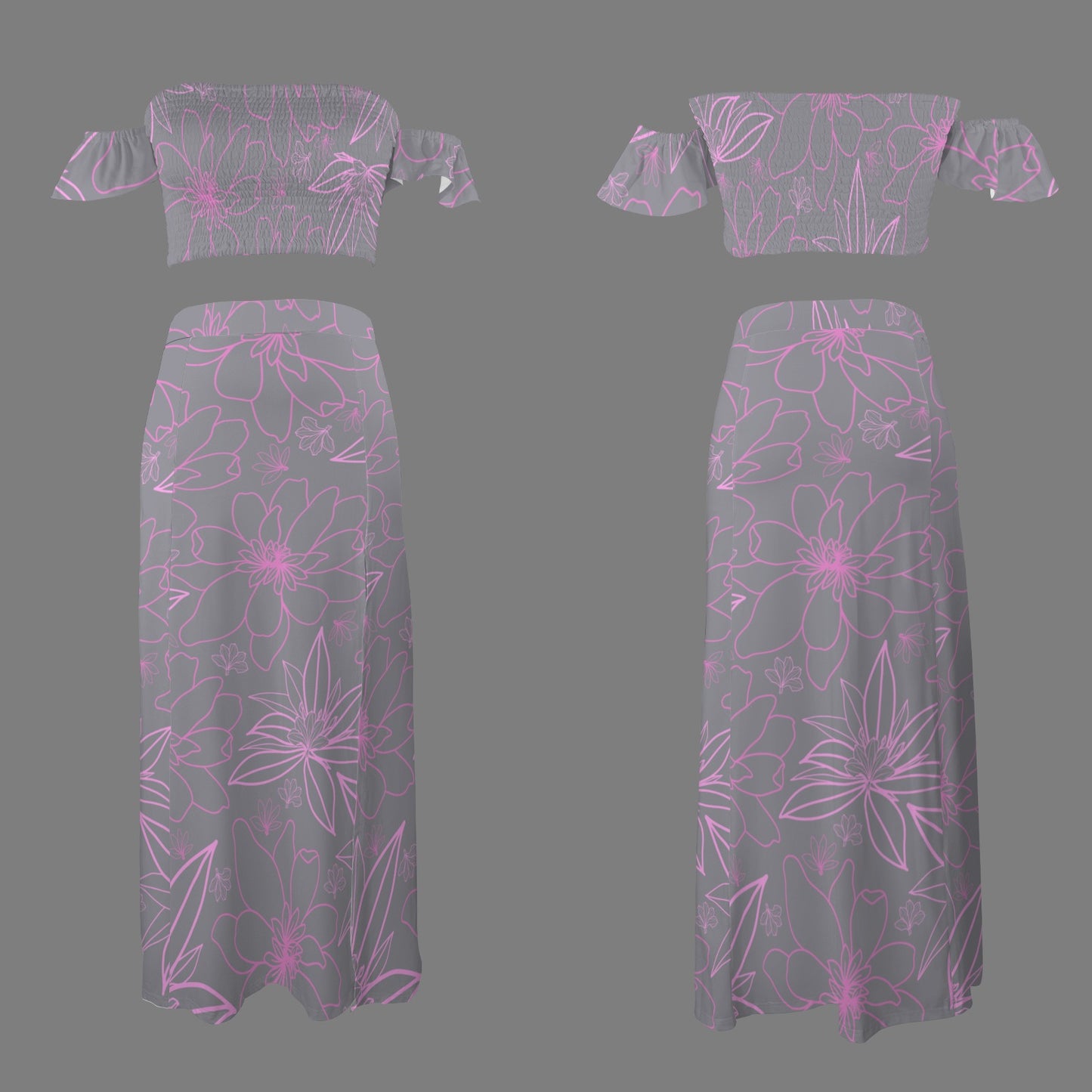 Malino Set in Naupaka (Off Shoulder Smocked Tube Top & High Waist Split Thigh Maxi Skirt) Lavender & Pink