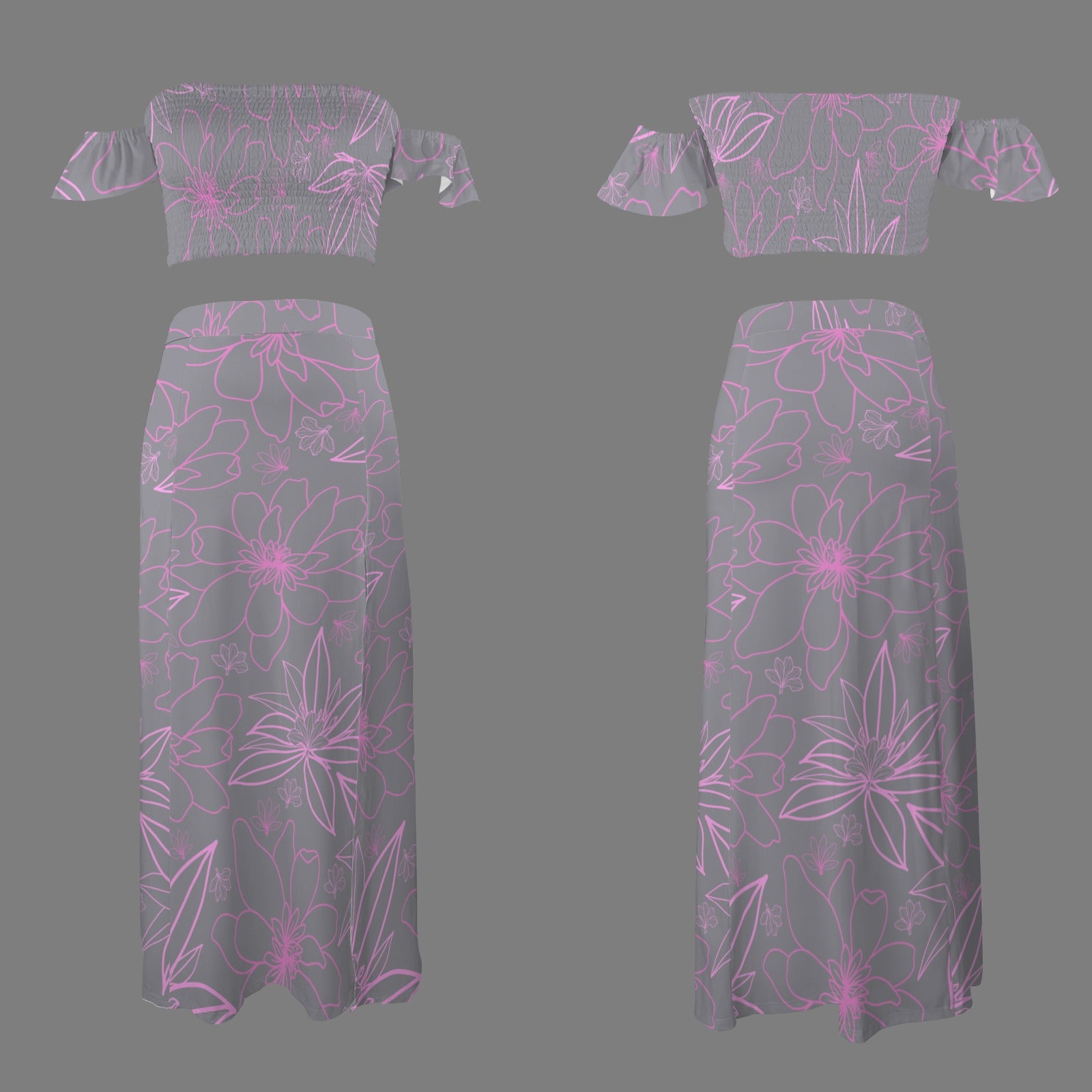 Malino Set in Naupaka (Off Shoulder Smocked Tube Top & High Waist Split Thigh Maxi Skirt) Lavender & Pink
