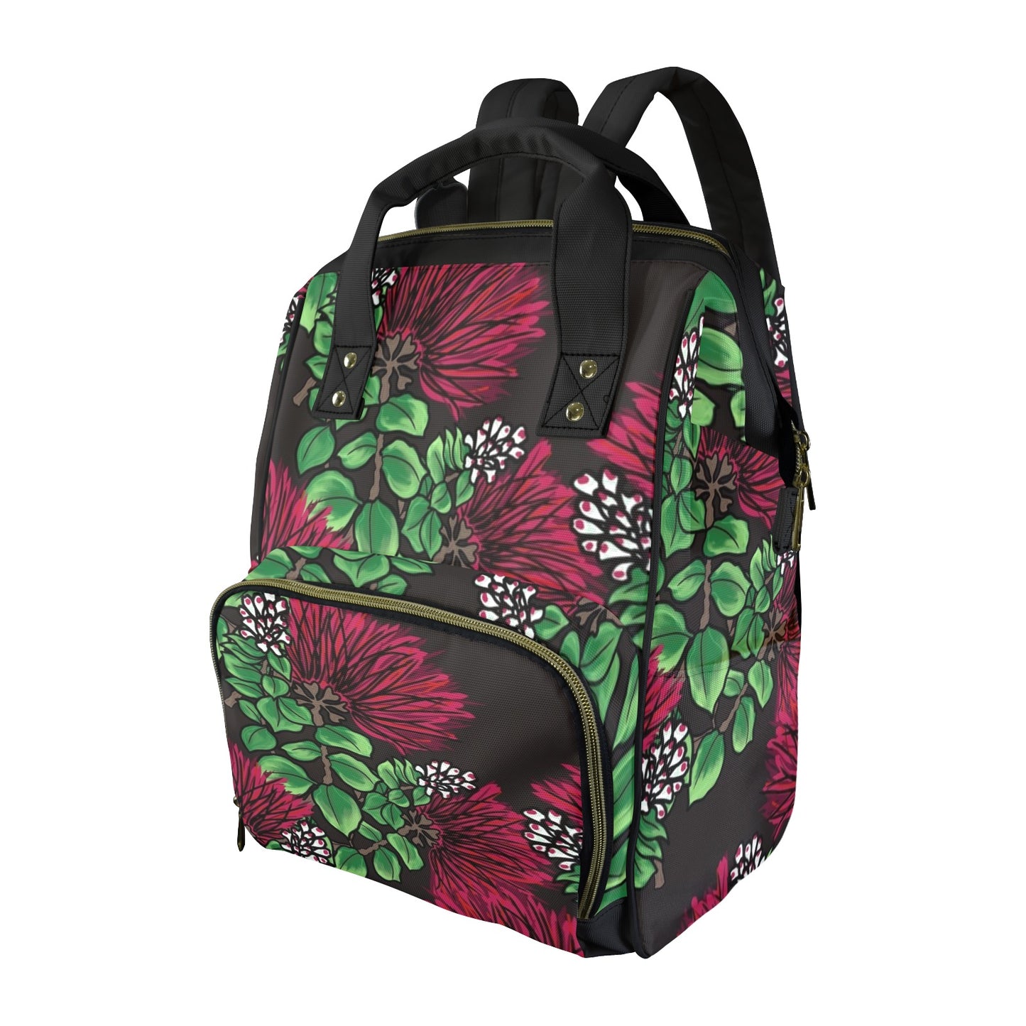 Ohi'a Lehua Hawaiian Print Multi-Purpose Backpack - Red and Black