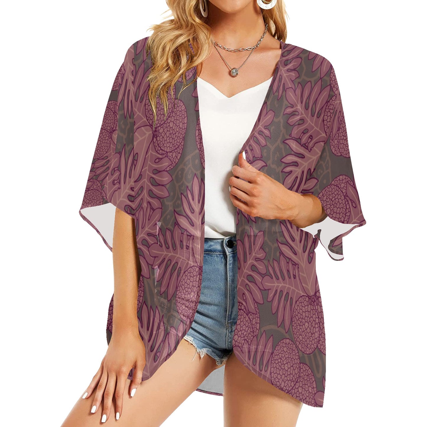 Ulu Breadfruit Hawaiian Print Kimono Chiffon Cover Up - Pink and Taupe