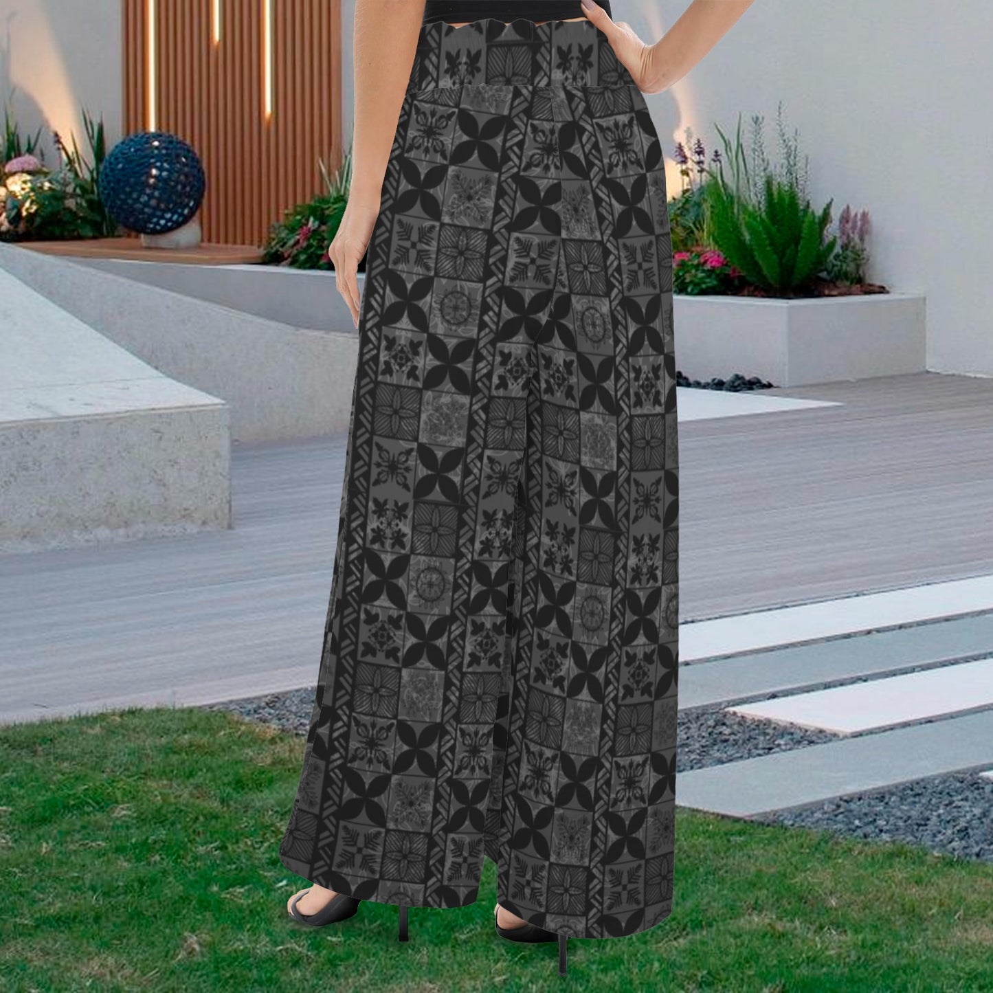 Makamae Elastic Waist Wide Leg Pants - Hawaiian Kapa Quilt in Black and Gray