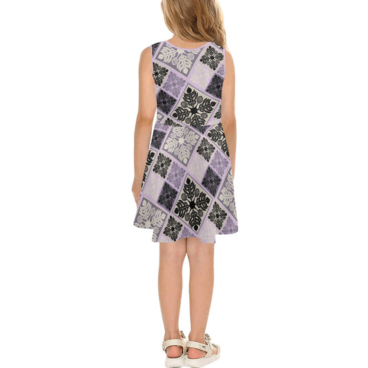 Ulu Breadfruit Kapa Kuiki Block Print -  Girl's Sleeveless Dress - Lavender
