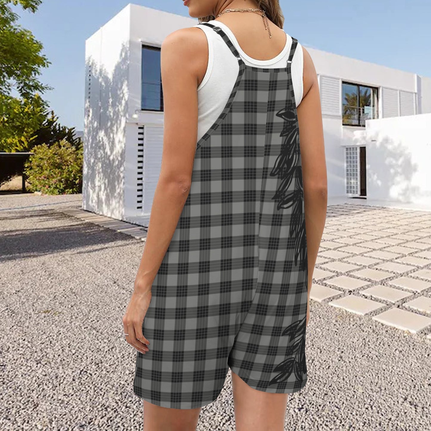 Hi'ilei Spaghetti Strap Romper - Palaka and Maile Lei, Gray and Black