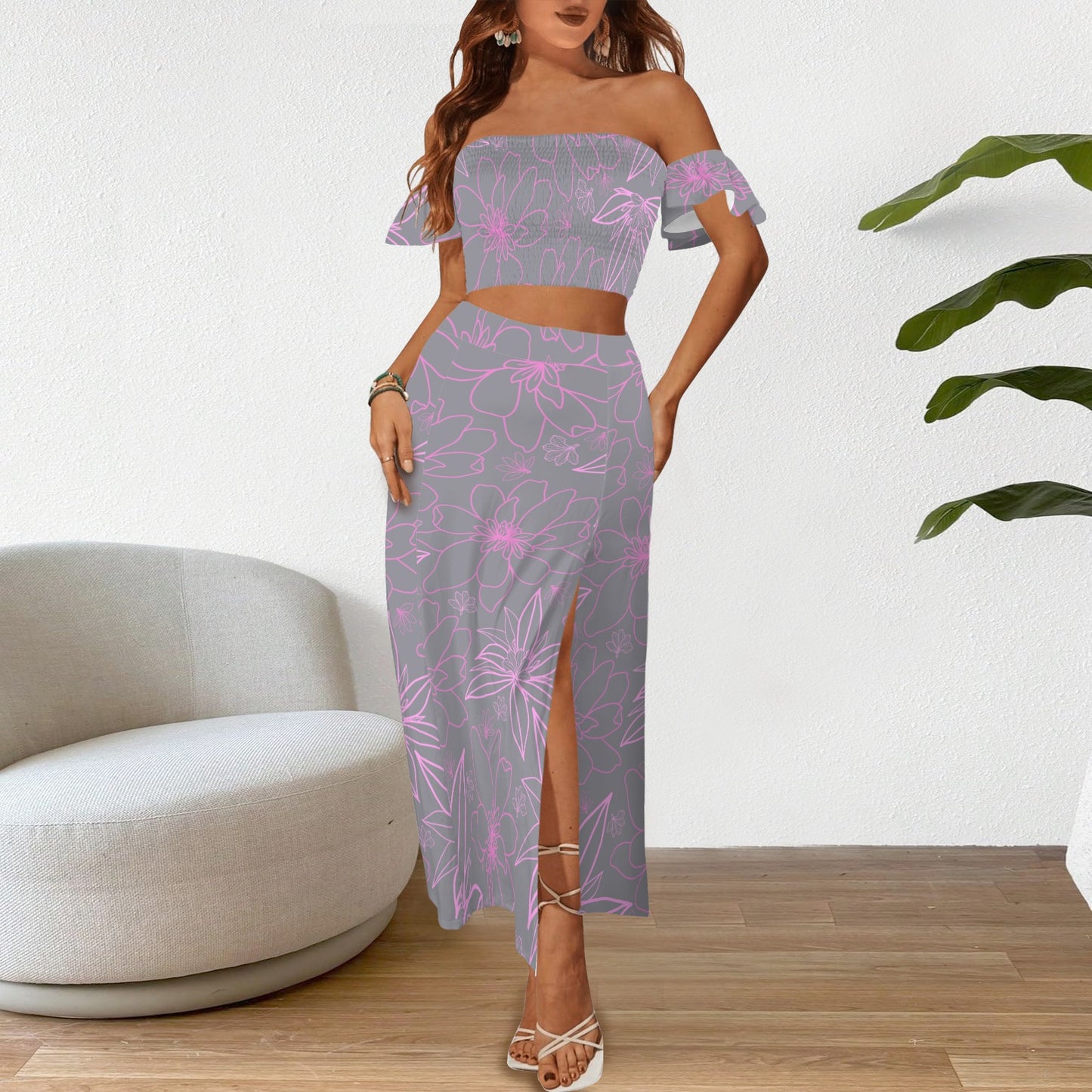 Malino Set in Naupaka (Off Shoulder Smocked Tube Top & High Waist Split Thigh Maxi Skirt) Lavender & Pink