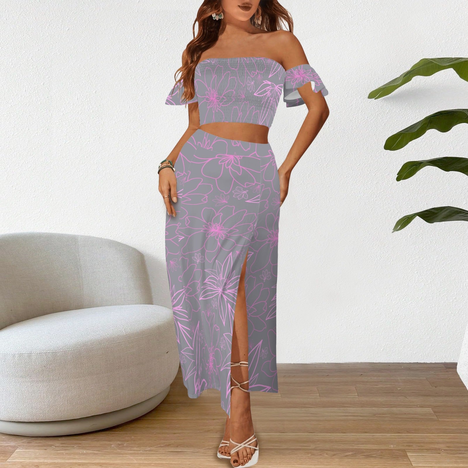 Malino Set in Naupaka (Off Shoulder Smocked Tube Top & High Waist Split Thigh Maxi Skirt) Lavender & Pink