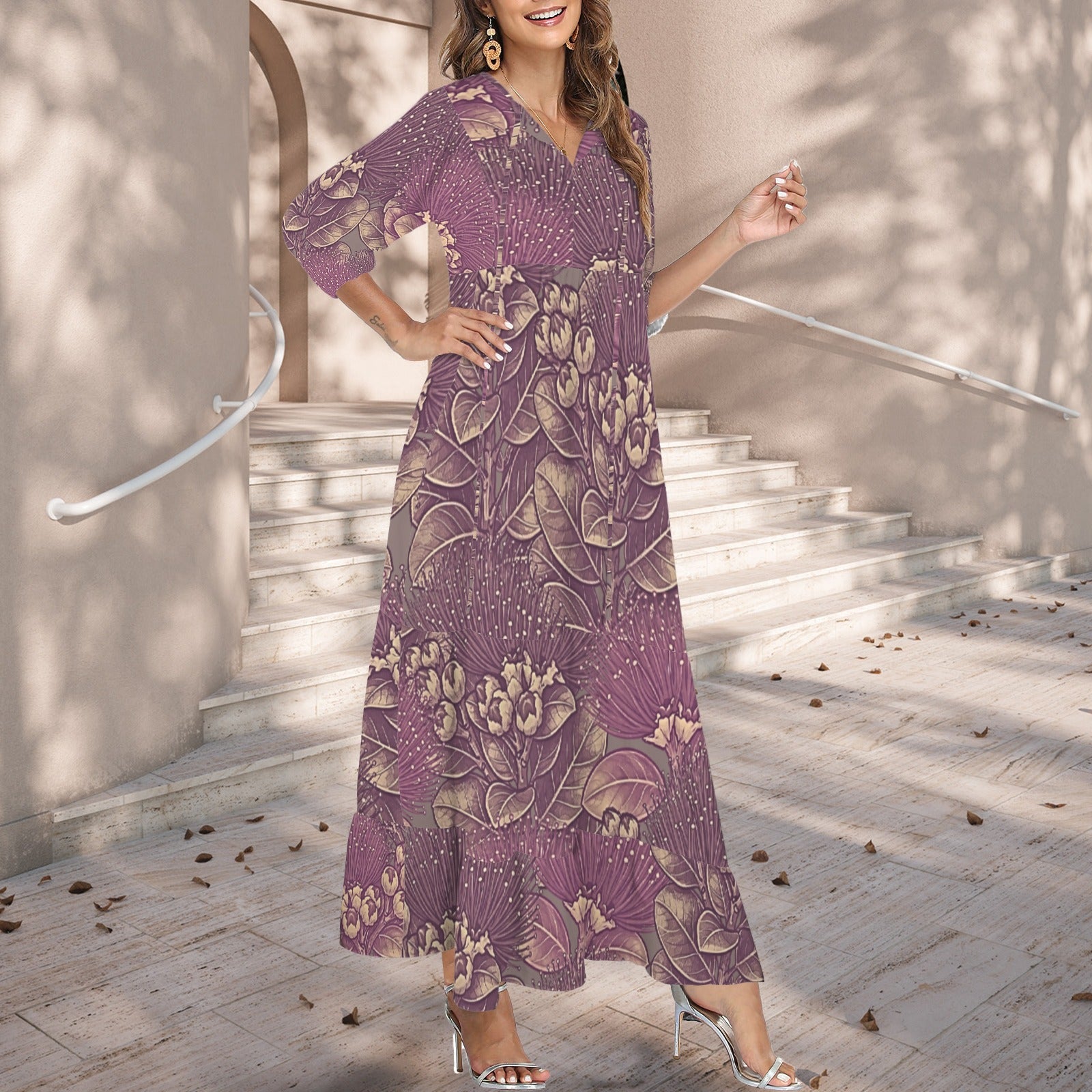 Pauahi Mu'u mu'u maxi dress - 'ōhiʻa lehua in pink and lavender