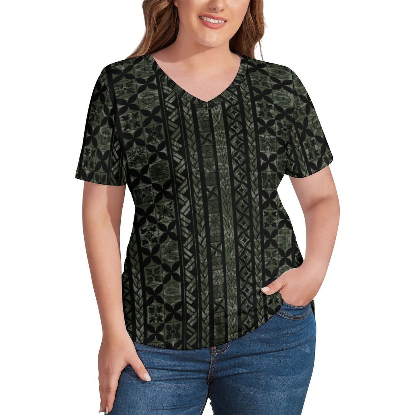 Kapa Kakau Hawaiian Print, Keahi V-Neck Short-Sleeve Shirt - Green and Black