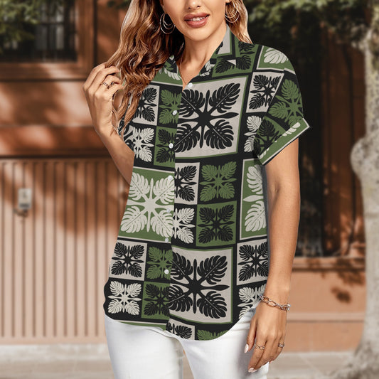 Monstera Hawaiian Print Harmony Blouse, Women's Short Sleeve Button Down Shirt - Green
