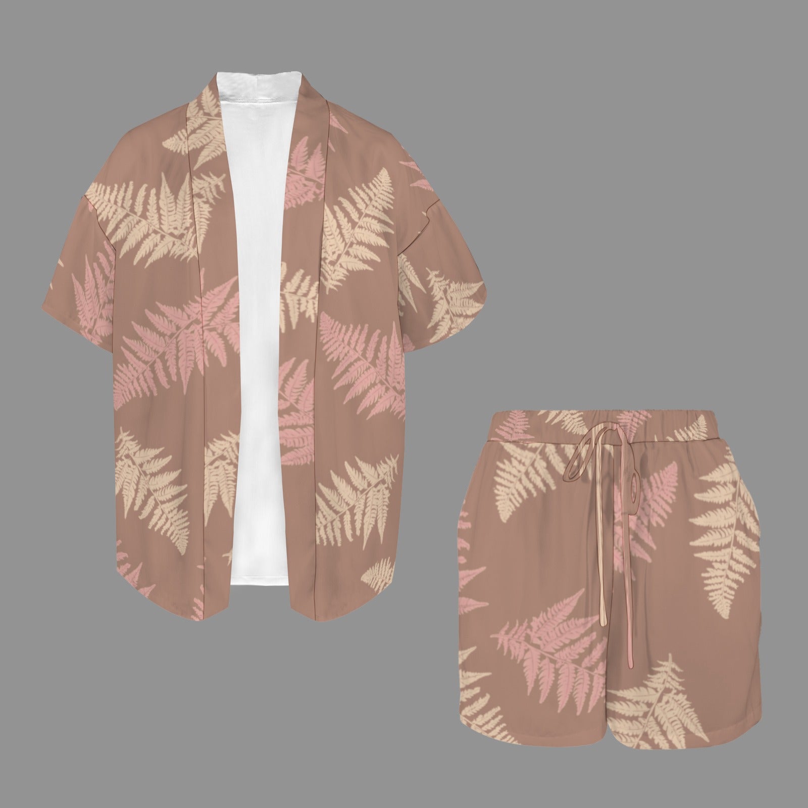 Hunnie Girl 2 PC Set - Open Front Kimono Blouse with Drawstring Waist Shorts - Hawaiian Fern Mocha and Mauve