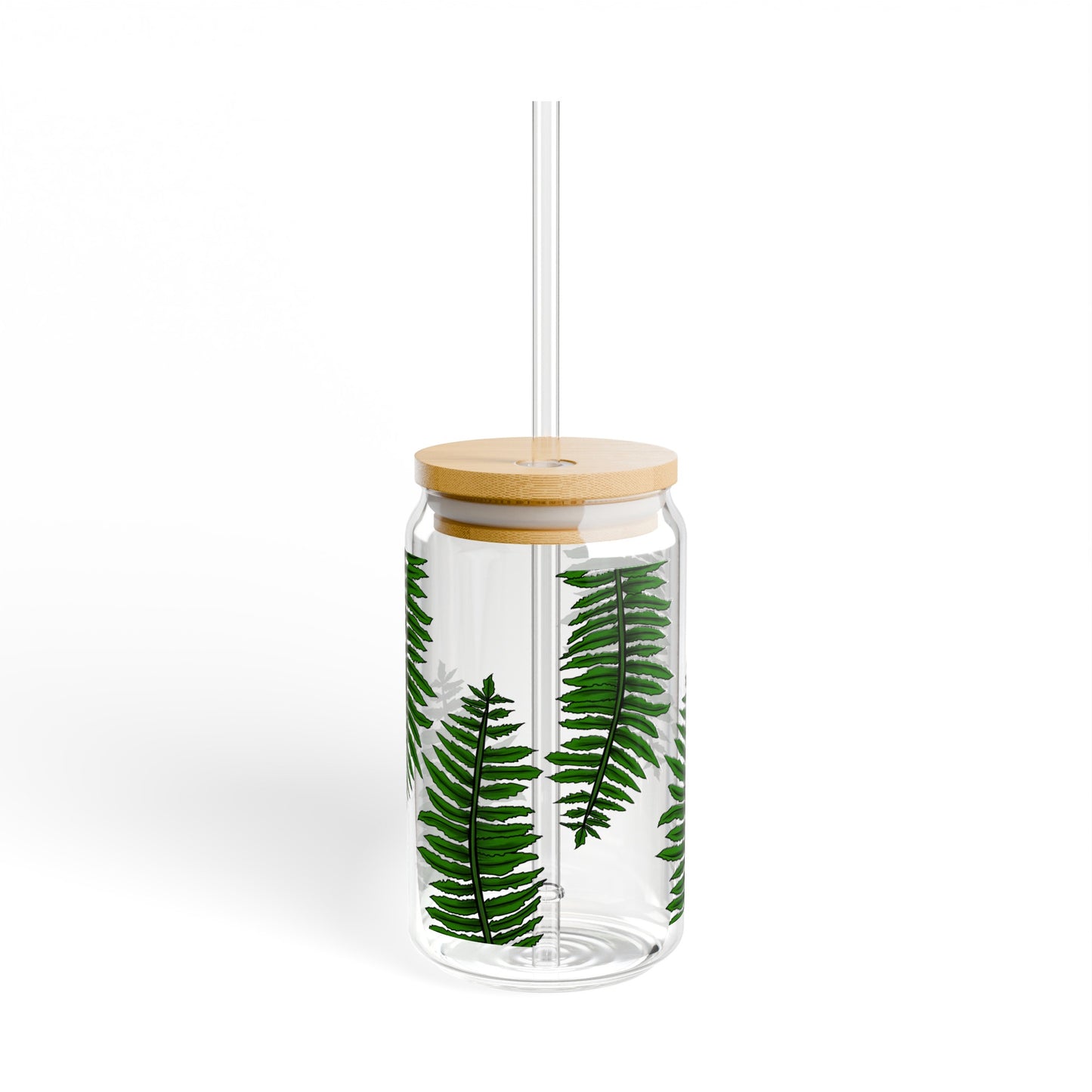 Hawaiian Fern Glass Can Cup Sipper Glass Tumbler, 16oz with Lid - Palapalai Fern Glass Cup