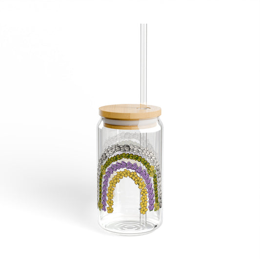 Hawaiian Lei Rainbow Glass Can Cup Sipper Glass Tumbler, 16oz with Lid - Pikake, Crown Flower Pua Kalaunu, Pakalana, Puakenikeni