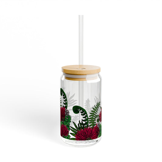 ʻŌhiʻa Lehua Hawaiian Print Glass Can Cup Sipper Glass Tumbler, 16oz with Lid