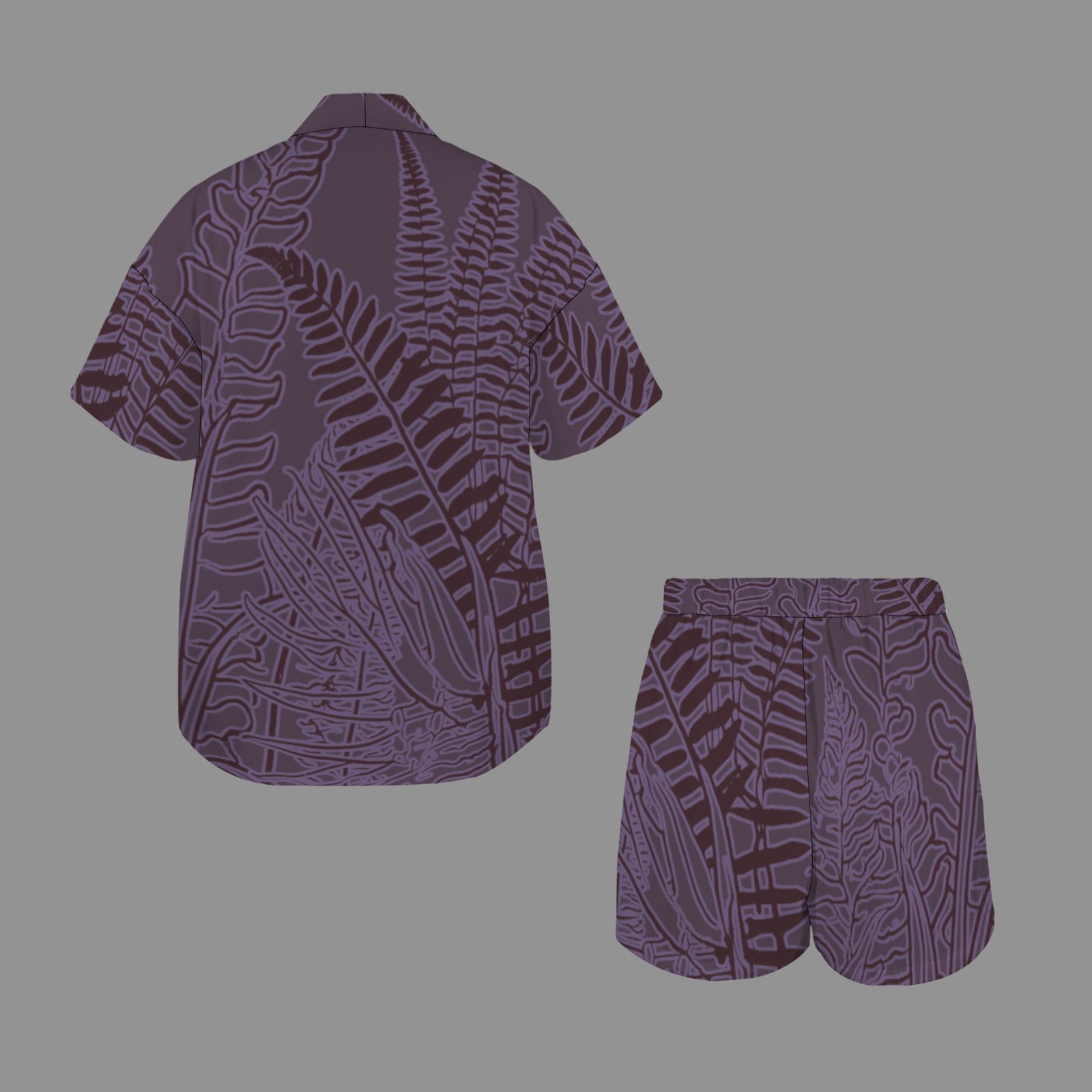 Hunnie Girl 2 PC Set - Open Front Kimono Blouse with Drawstring Waist Shorts - Hawaiian Fern Queenʻs Purple