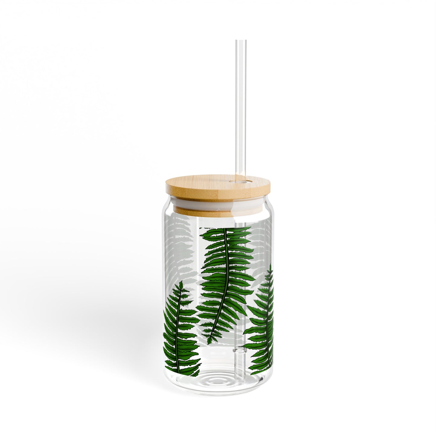 Hawaiian Fern Glass Can Cup Sipper Glass Tumbler, 16oz with Lid - Palapalai Fern Glass Cup