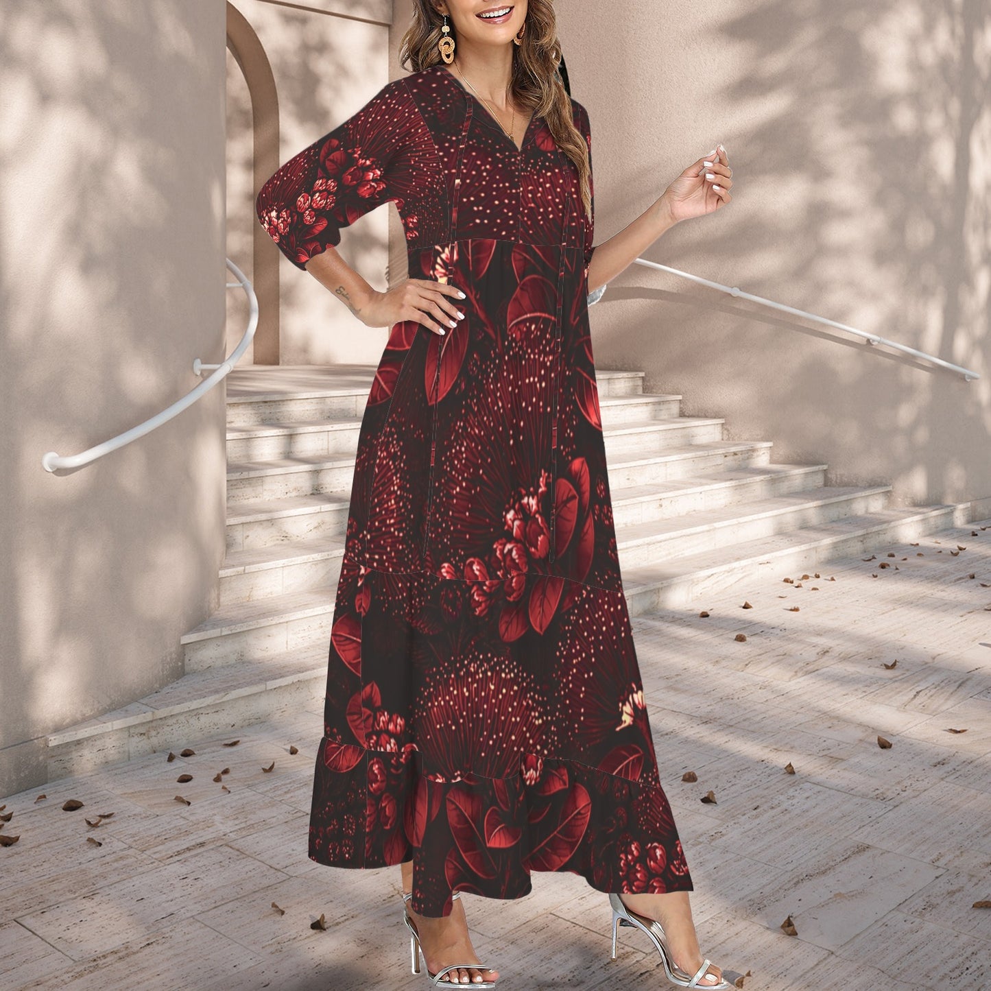 Pauahi Mu'u mu'u maxi dress - 'ōhiʻa lehua in red