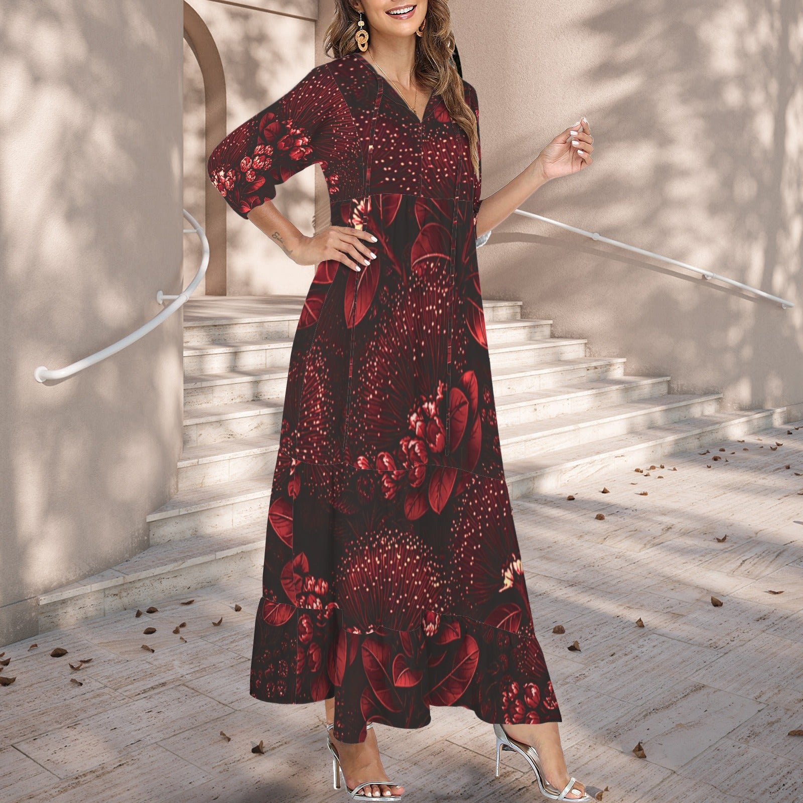Pauahi Mu'u mu'u maxi dress - 'ōhiʻa lehua in red