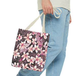 Plumeria Tropical Hawaiian Print Tote Bag in Mauve & Pink Tones