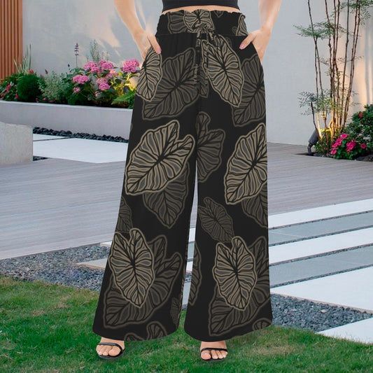 Kalo Elastic Waiste Pocket Wide Length Pants - Black and Brown