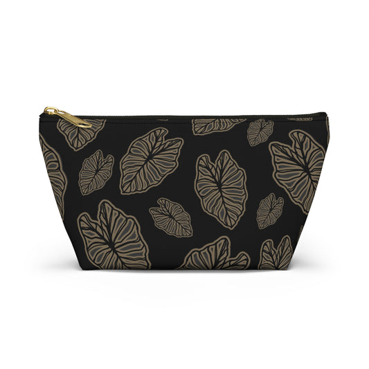 Kalo Taro Hawaiian Print - Accessory Pouch w T-bottom Black and Brown