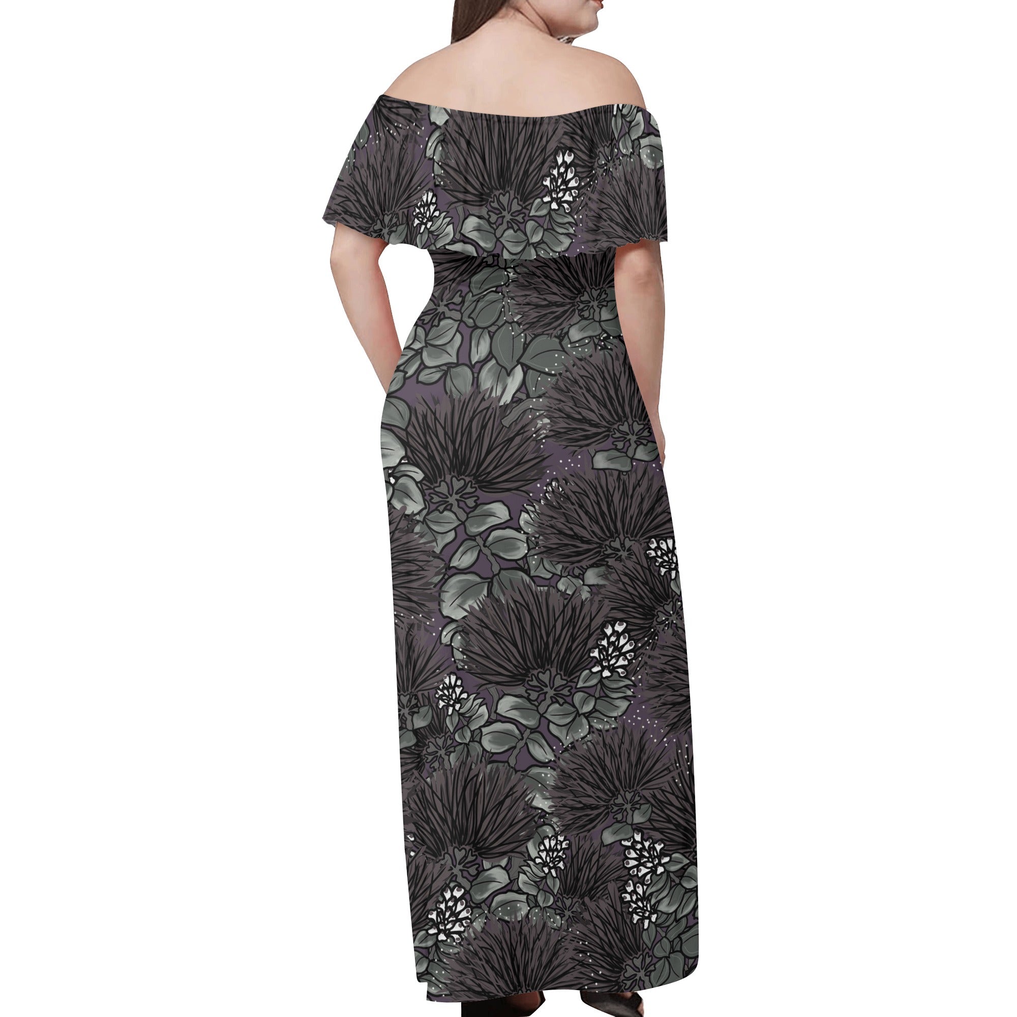 'Ohi'a Lehua Hawaiian Print Women's Off-shoulder Long Dress - ohia lehua blossom