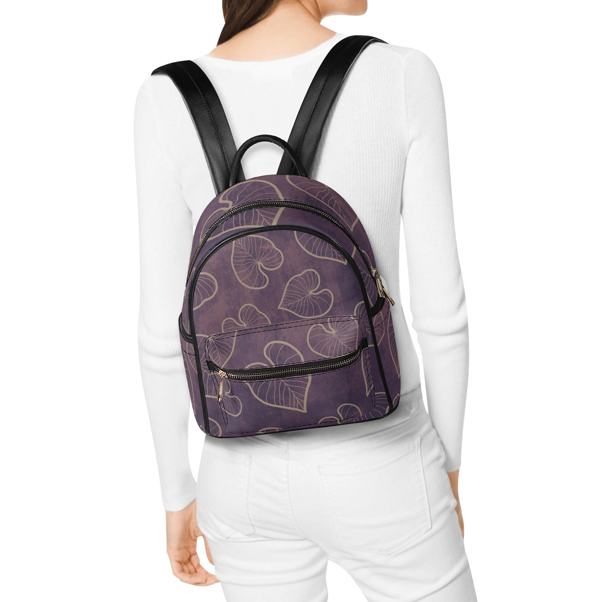 Kalo Taro Leaf Hawaiian Print Mini Backpack - Faux Leather, Purple Watercolor Design