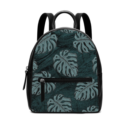 Monstera Hawaiian Print Mini Backpack - Faux Leather, Teal and Black