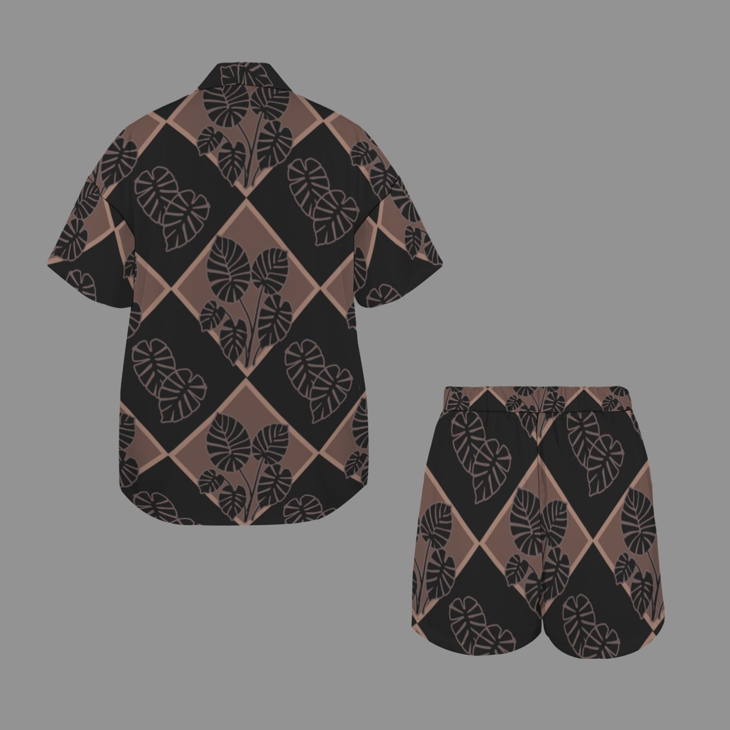 Hunnie Girl 2 PC Set - Open Front Kimono Blouse with Drawstring Waist Shorts - Kalo Quilt Black Mocha