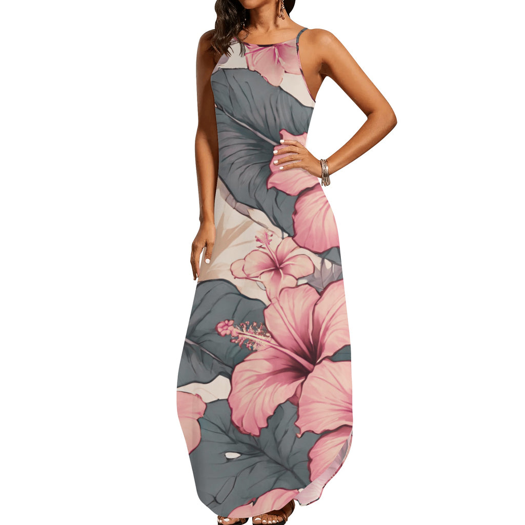 Hibiscus Hawaiian Print Sleeveless Dress with Side Slits