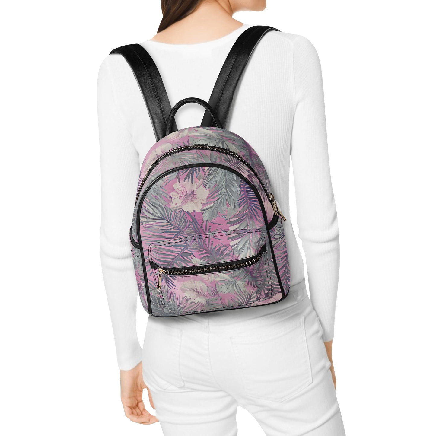 Hawaiian Tropical Print Soft Pink Mini Backpack - Faux Leather