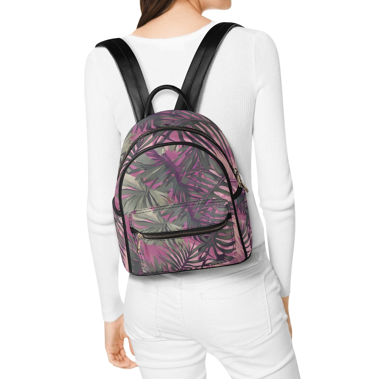 Hawaiian Tropical Print Pink Mini Backpack - Faux Leather