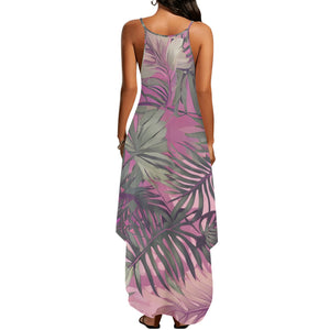 Hawaiian Tropical Print Pink Sleeveless Dress with Side Slits