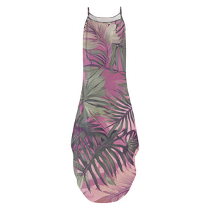 Hawaiian Tropical Print Pink Sleeveless Dress with Side Slits