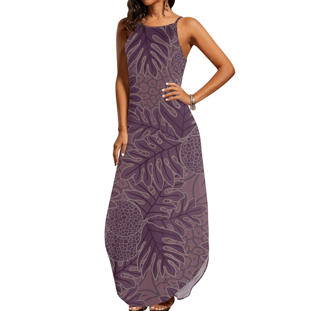 Ulu Breadfruit Hawaiian Print Purple Sleeveless Dress with Side Slits