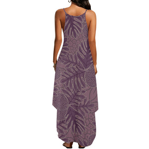 Ulu Breadfruit Hawaiian Print Purple Sleeveless Dress with Side Slits